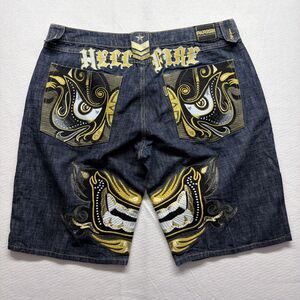 Vintage Y2K Parish Hell Fire Embroidered Dark Wash Jorts Short Dragon Mens 42x13